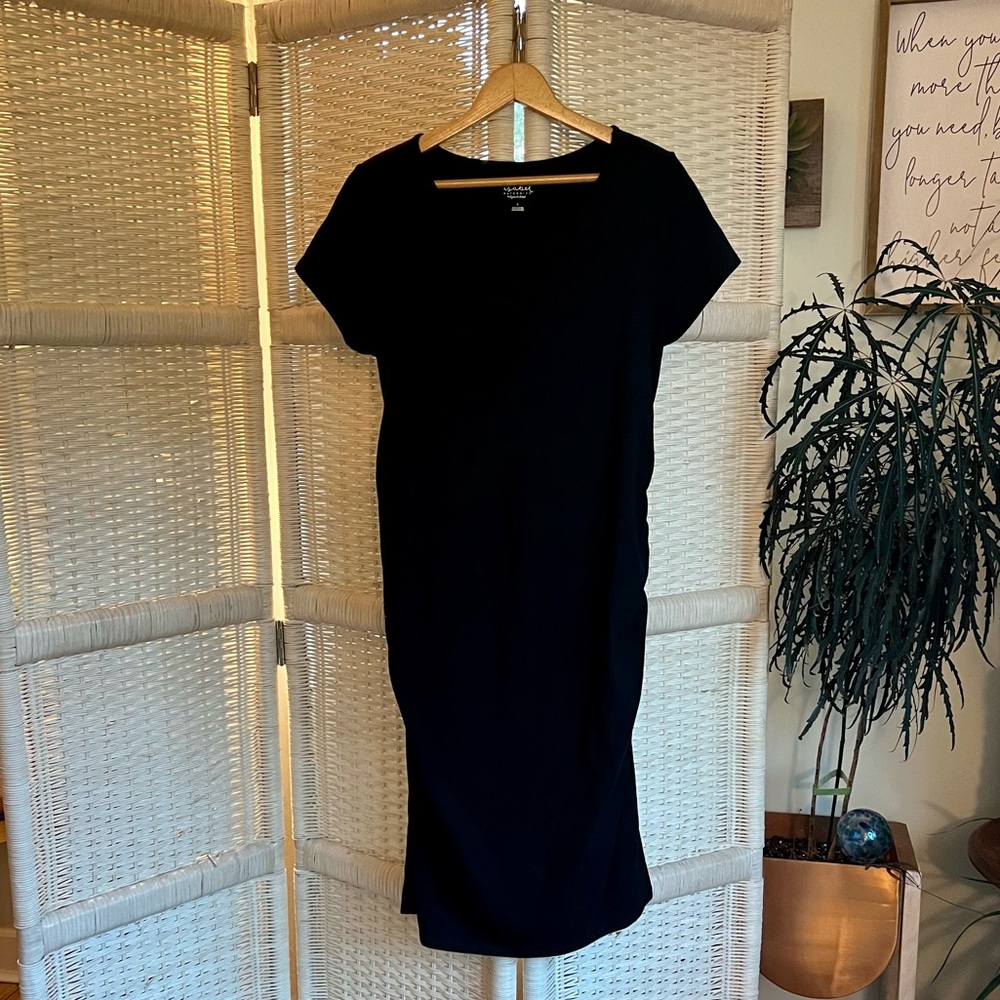 Isabel Maternity, midi dress  rouched sides for stretch.